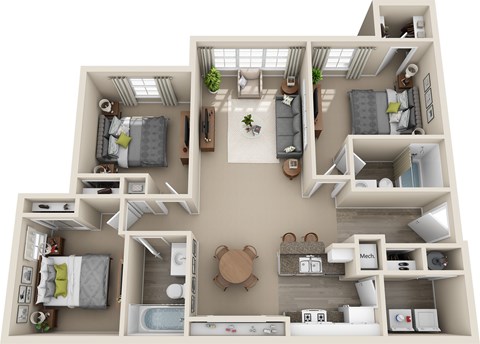 Floor plan for 3 beds, 2 baths, 1244 sqft